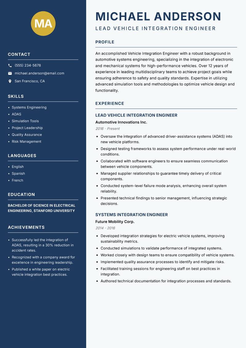 Vehicle Integration Engineer resume sample — Lead Vehicle Integration Engineer focus