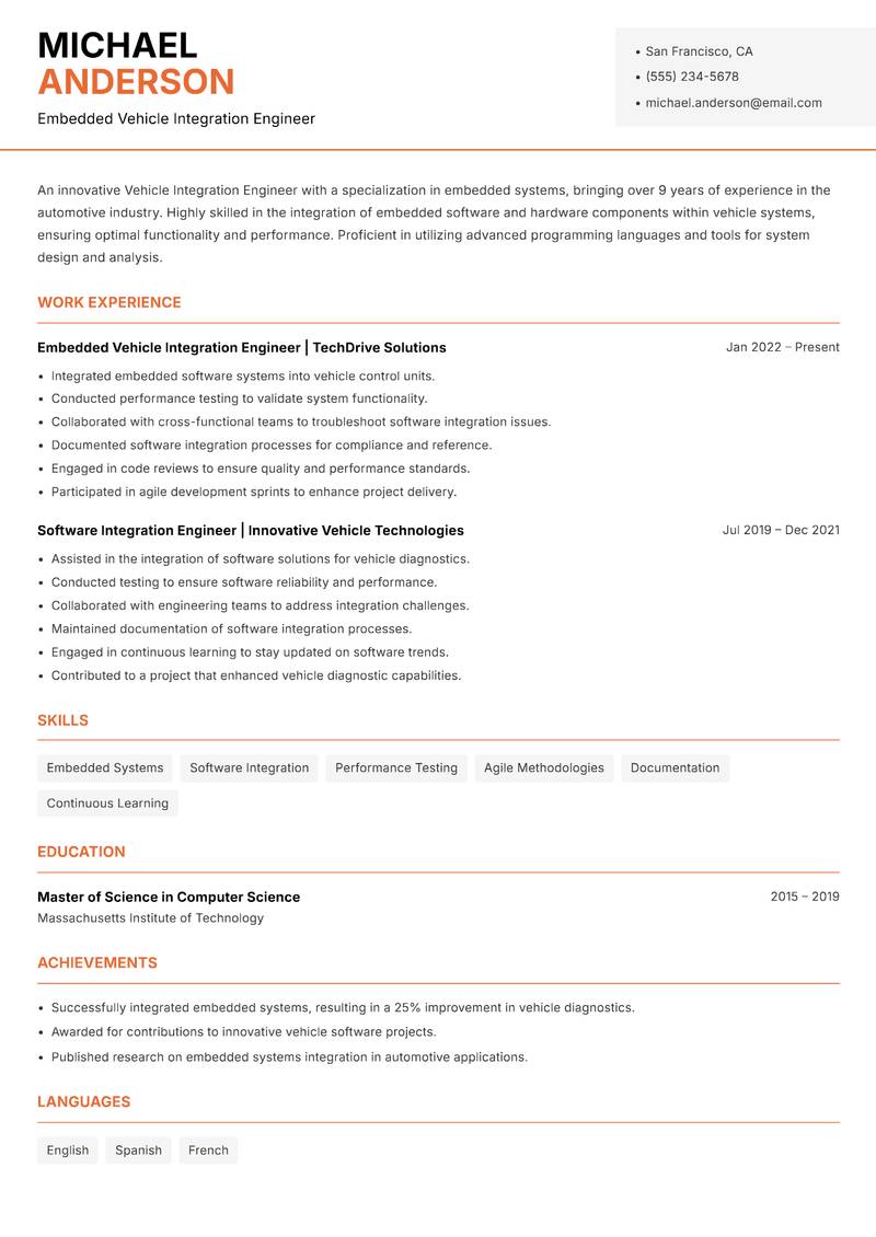 Vehicle Integration Engineer resume sample — Embedded Vehicle Integration Engineer focus