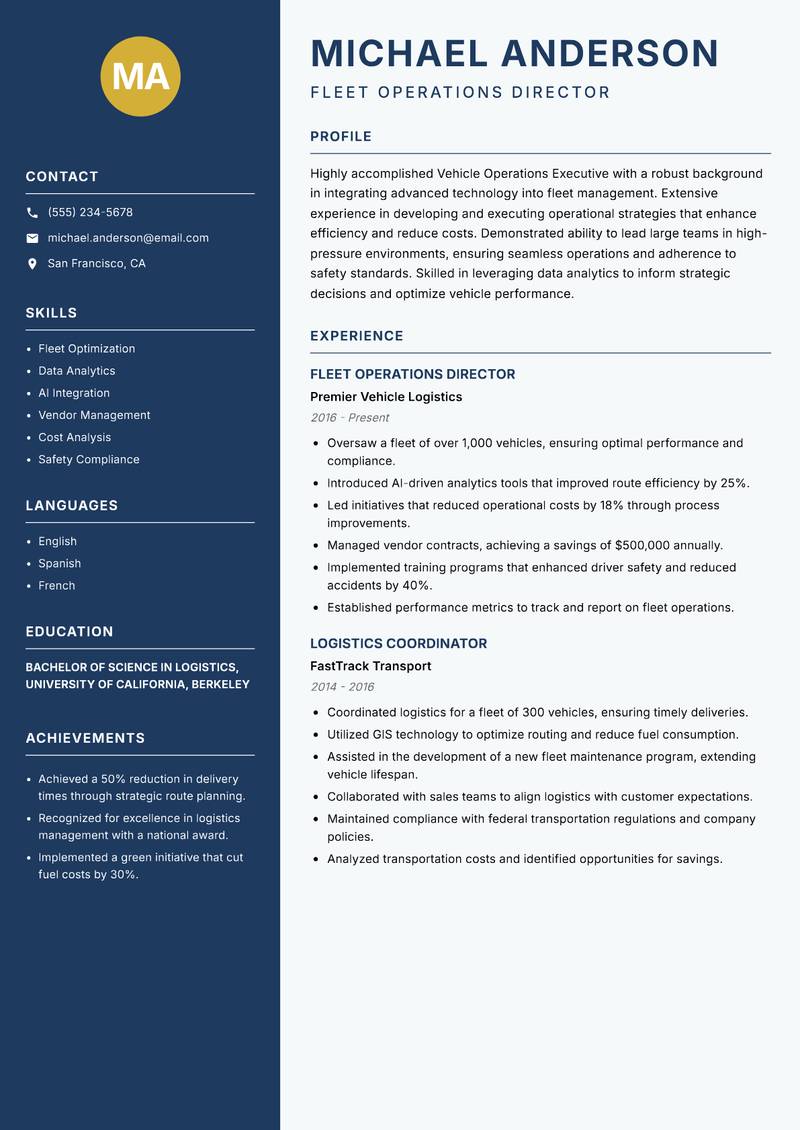 Vehicle Operations Executive resume sample — Fleet Operations Director focus