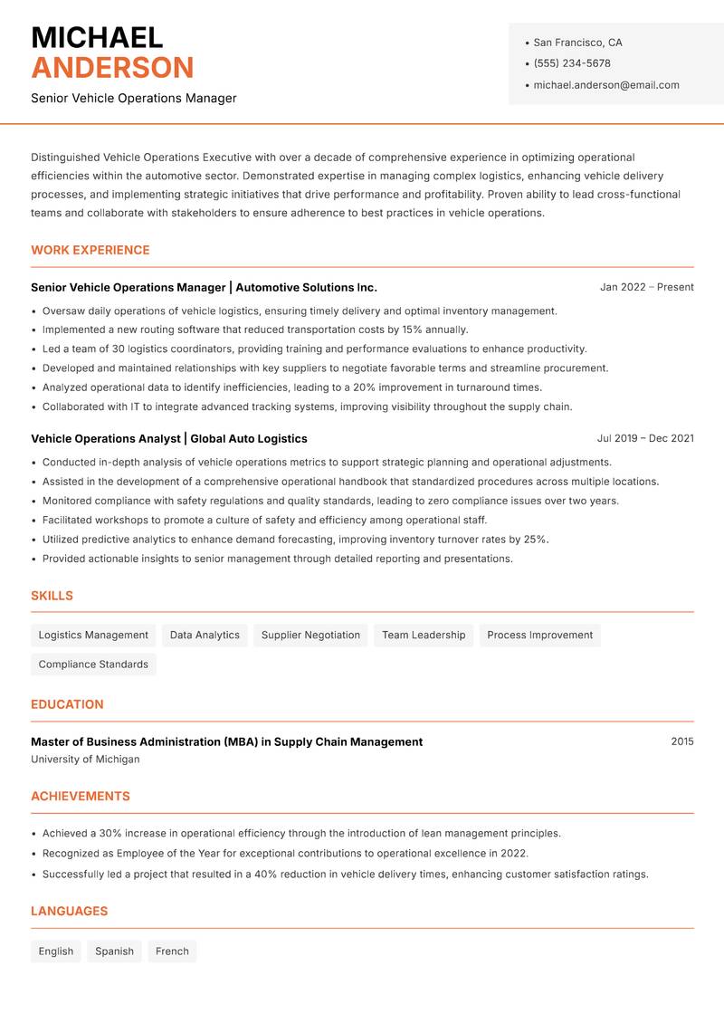 Vehicle Operations Executive resume sample — Senior Vehicle Operations Manager focus
