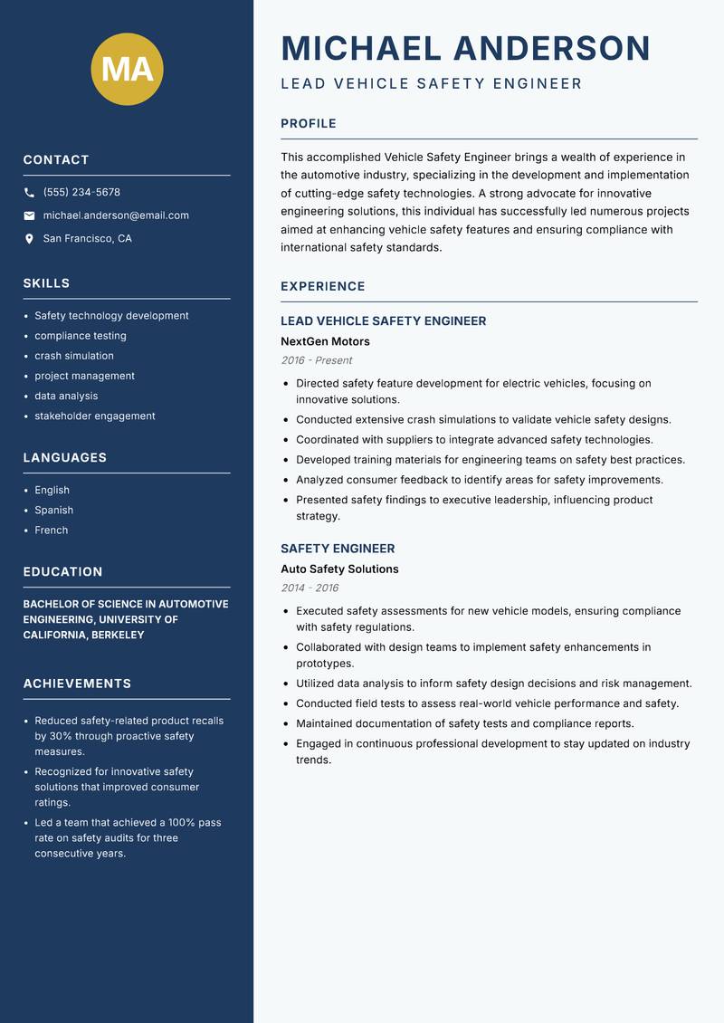 Vehicle Safety Engineer resume sample — Lead Vehicle Safety Engineer focus