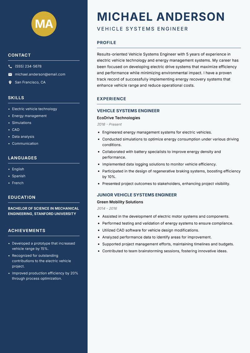 Vehicle Systems Engineer resume sample — Vehicle Systems Engineer focus