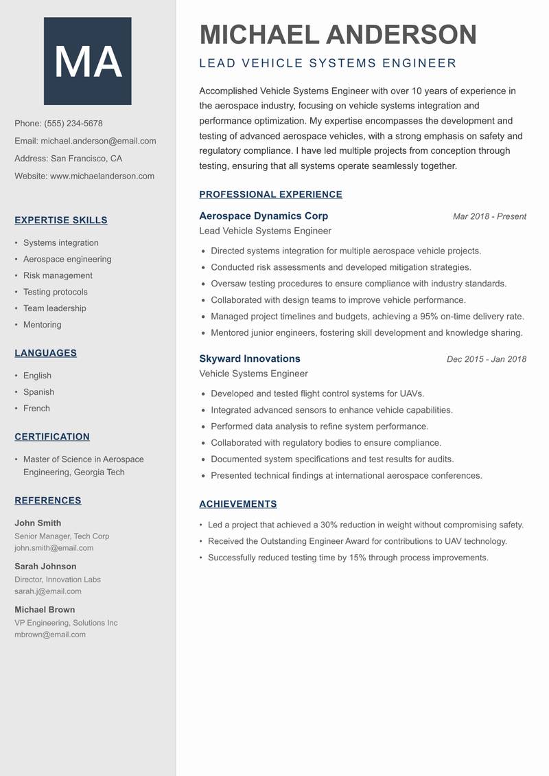 Vehicle Systems Engineer resume sample — Lead Vehicle Systems Engineer focus