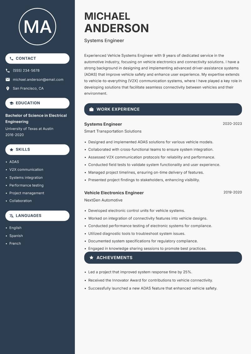 Vehicle Systems Engineer resume sample — Systems Engineer focus
