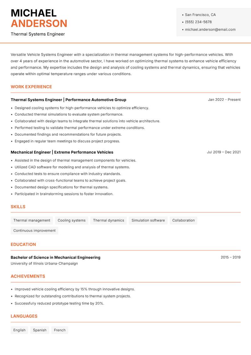 Vehicle Systems Engineer resume sample — Thermal Systems Engineer focus