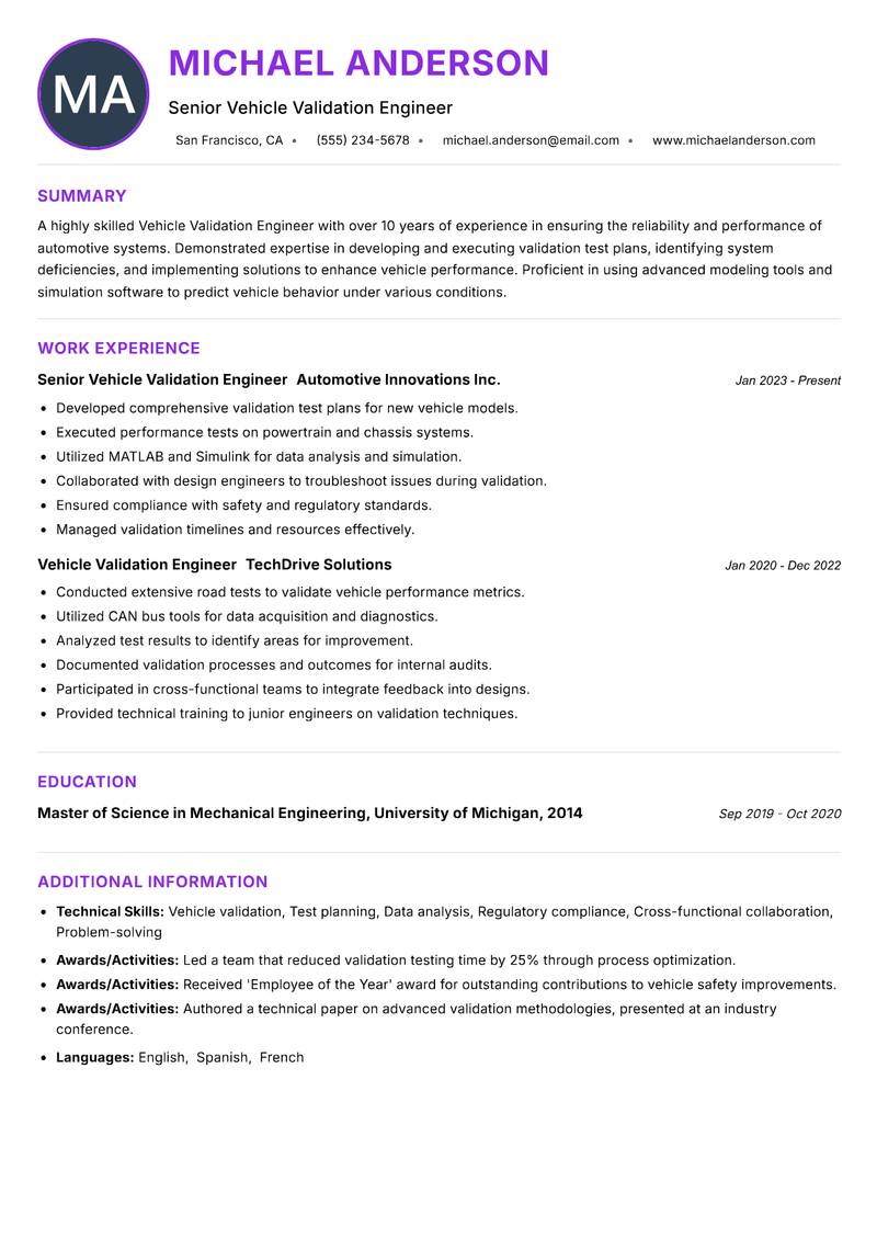 Vehicle Validation Engineer resume example