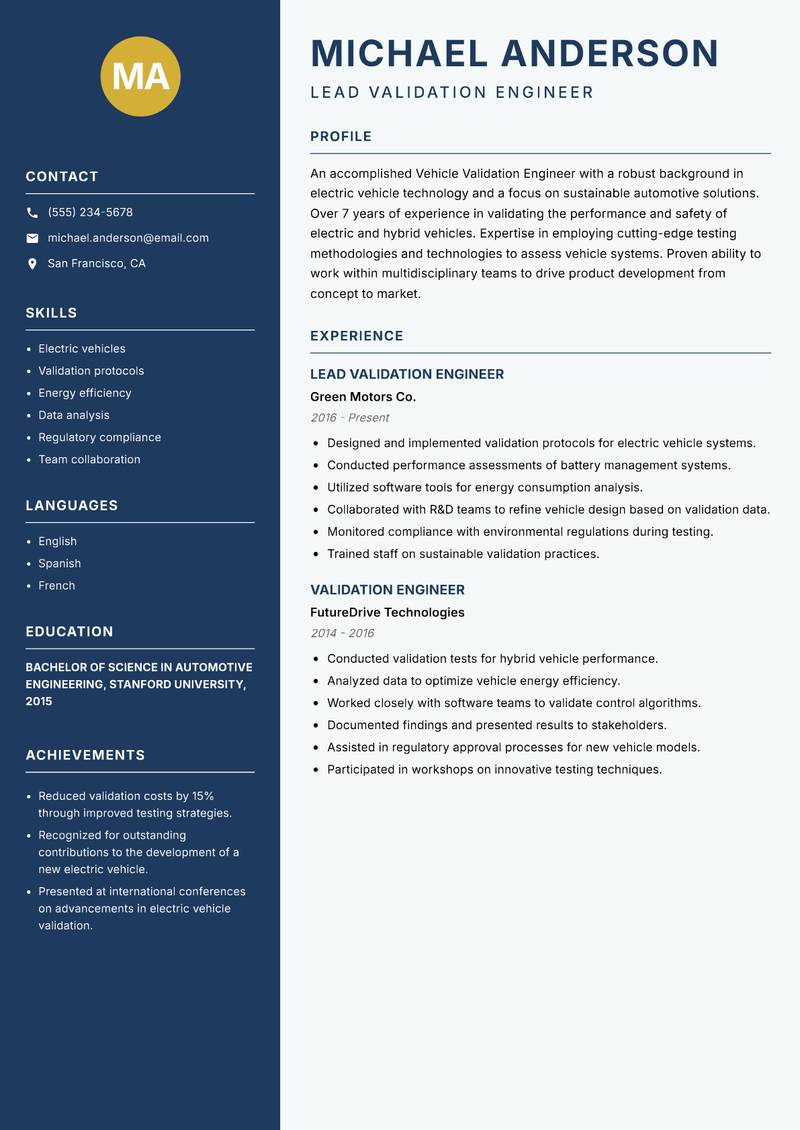 Vehicle Validation Engineer resume sample — Lead Validation Engineer focus