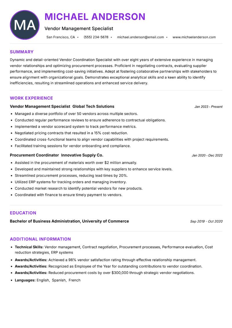 Vendor Coordination Specialist resume example