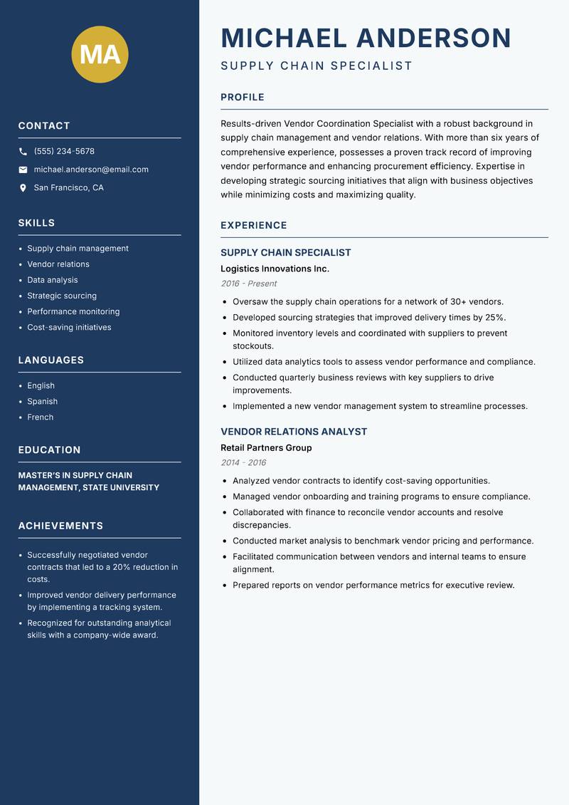 Vendor Coordination Specialist resume sample — Supply Chain Specialist focus