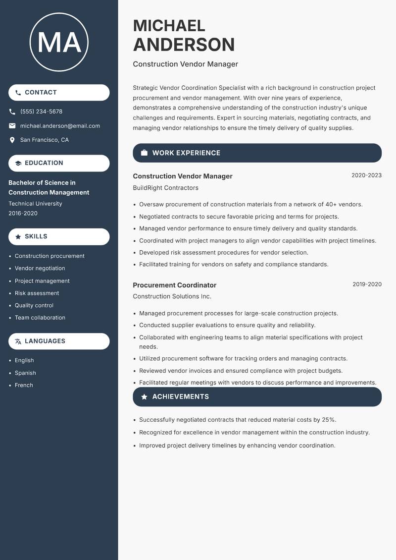 Vendor Coordination Specialist resume sample — Construction Vendor Manager focus