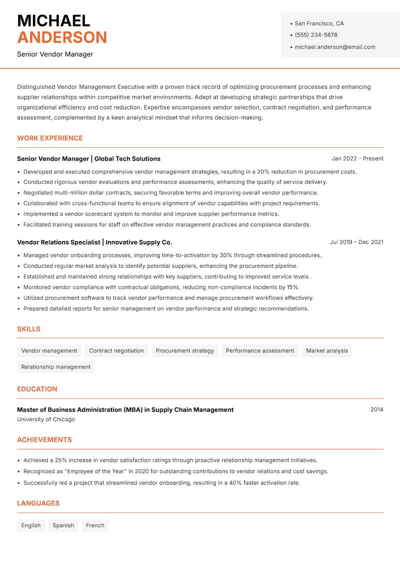 Vendor Management Executive resume sample — Senior Vendor Manager focus
