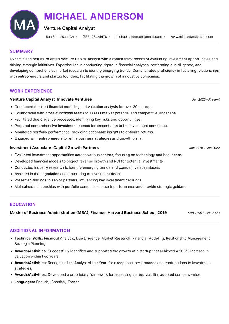 Venture Capital Analyst resume example