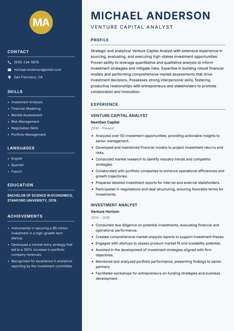 Venture Capital Analyst resume sample — Venture Capital Analyst focus