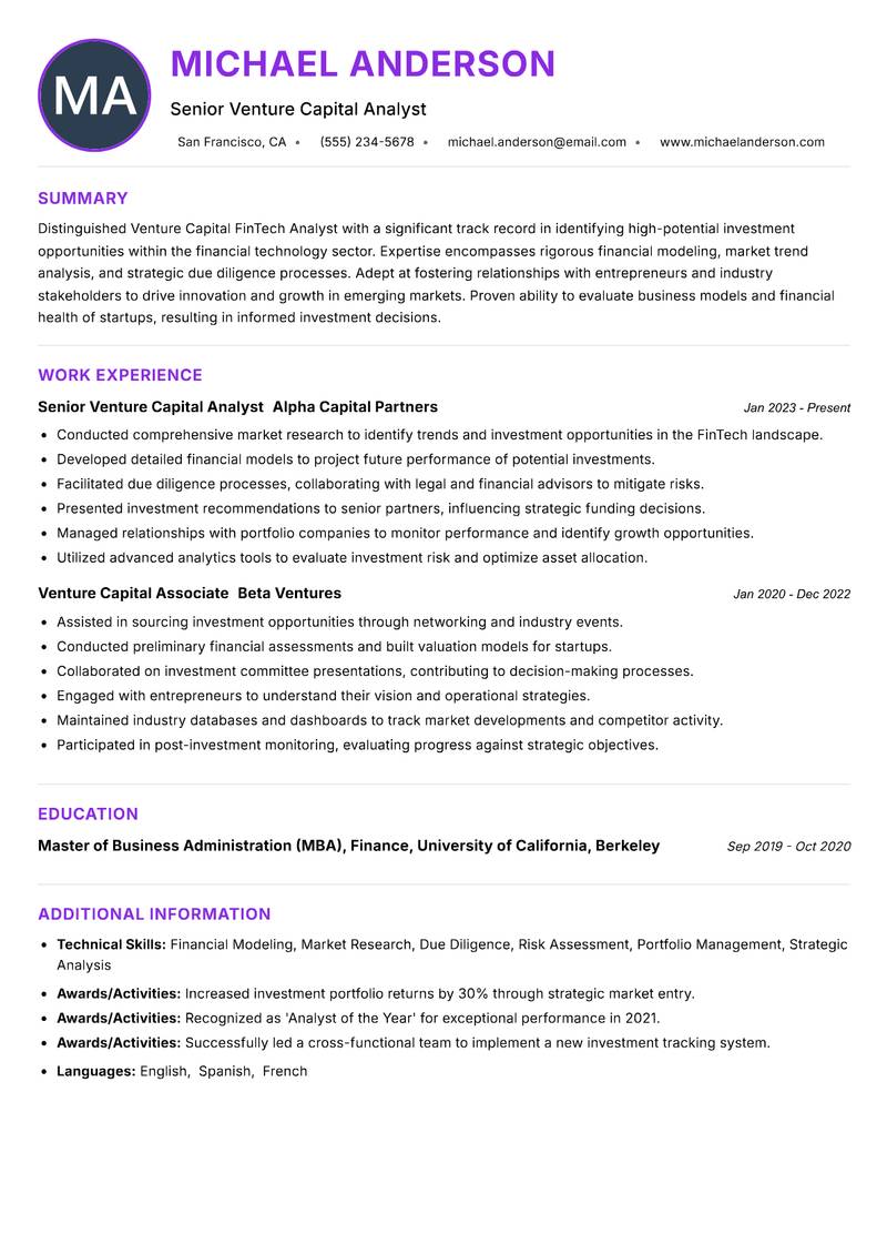 Venture Capital FinTech Analyst resume example