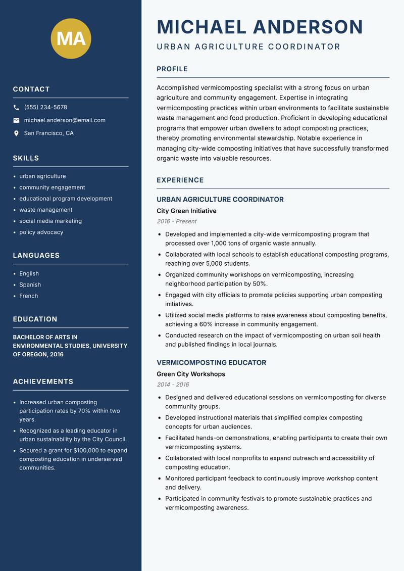 Vermicomposting Specialist resume sample — Urban Agriculture Coordinator focus