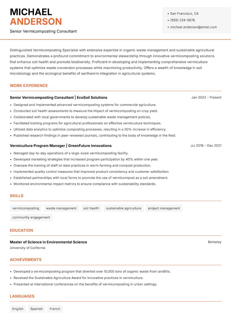 Vermicomposting Specialist resume sample — Senior Vermicomposting Consultant focus
