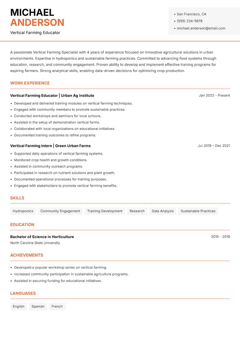 Vertical Farming Specialist resume sample — Vertical Farming Educator focus