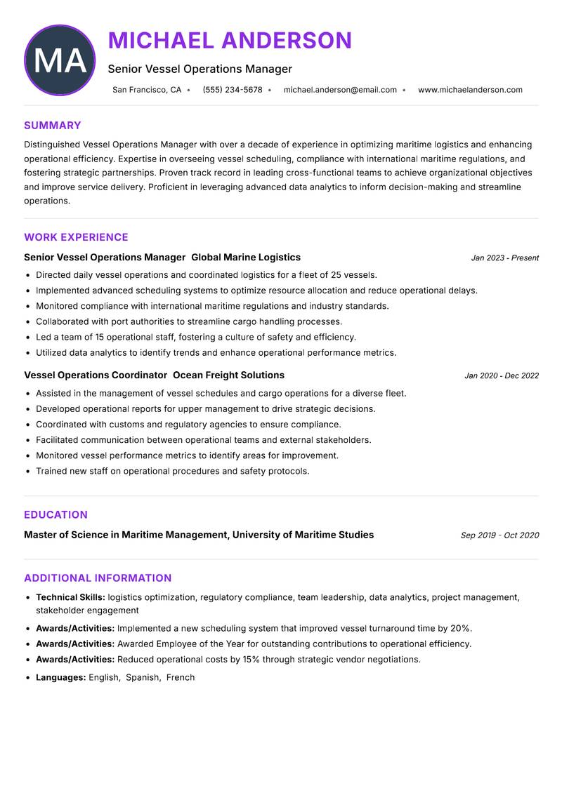 Vessel Operations Manager resume example