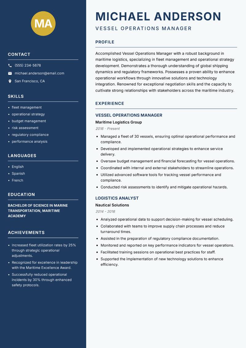 Vessel Operations Manager resume sample — Vessel Operations Manager focus