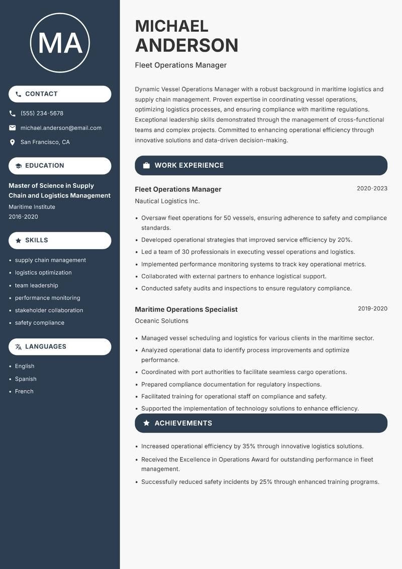 Vessel Operations Manager resume sample — Fleet Operations Manager focus