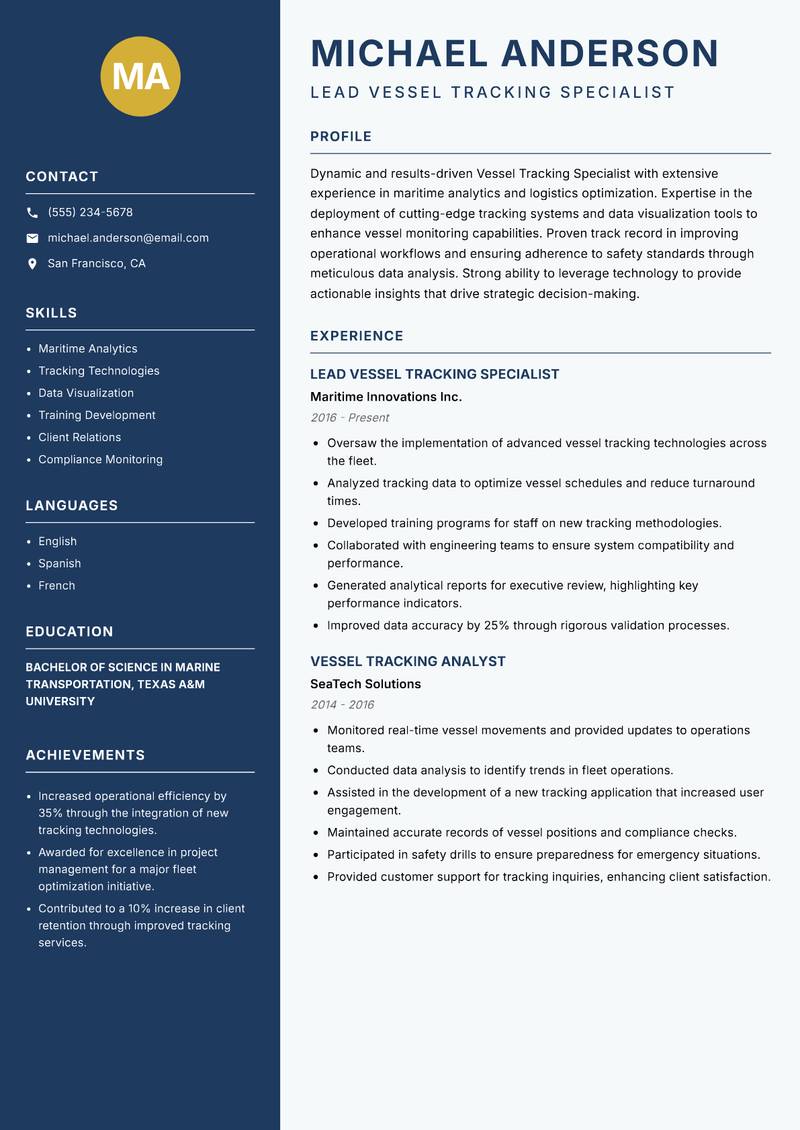 Vessel Tracking Specialist resume sample — Lead Vessel Tracking Specialist focus