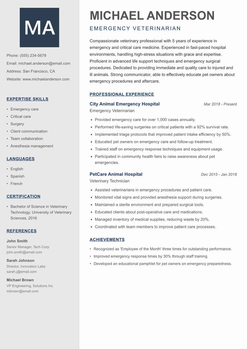 Veterinarian resume sample — Emergency Veterinarian focus