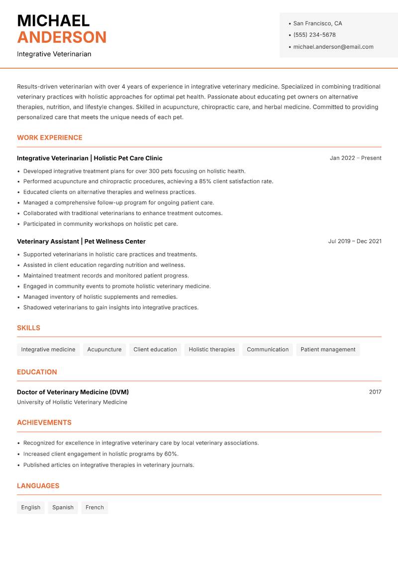Veterinarian resume sample — Integrative Veterinarian focus