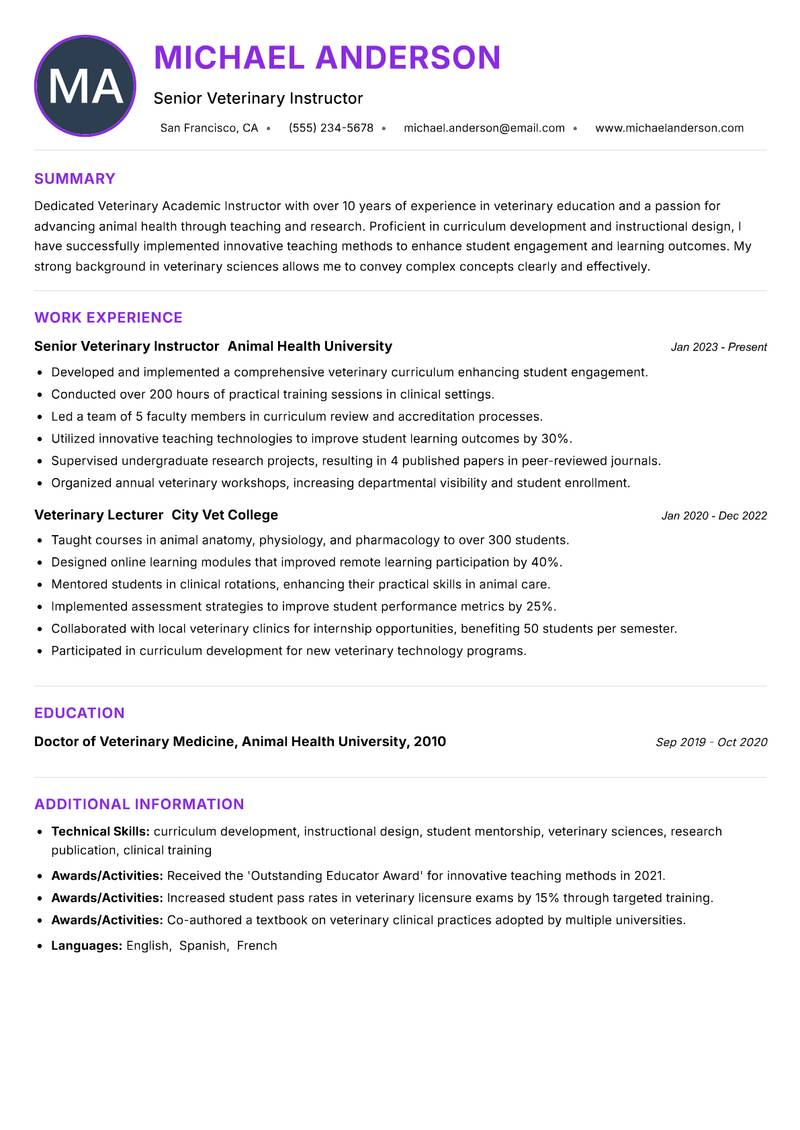 Veterinary Academic Instructor resume example