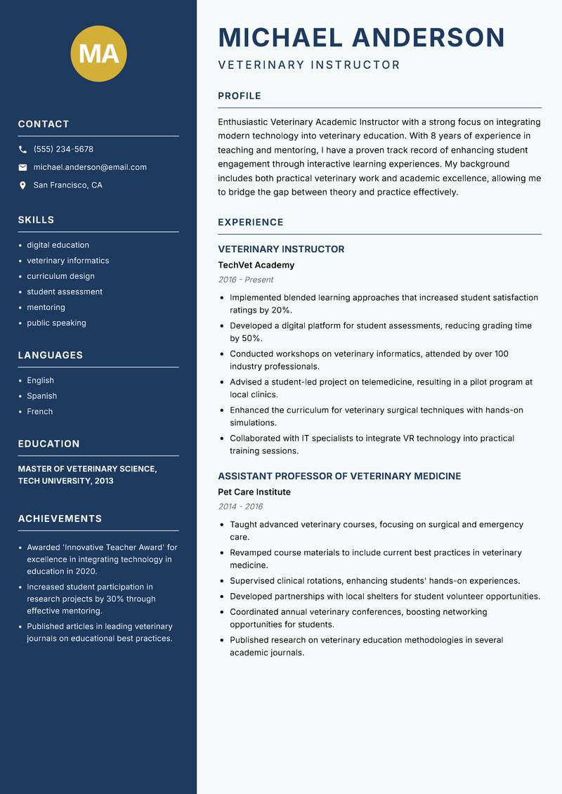 Veterinary Academic Instructor resume sample — Veterinary Instructor focus