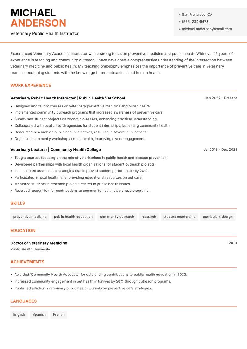 Veterinary Academic Instructor resume sample — Veterinary Public Health Instructor focus