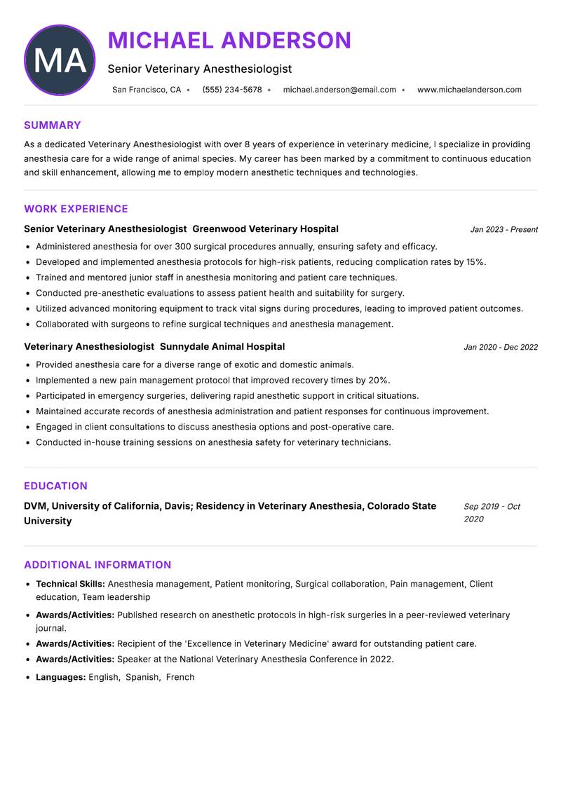 Veterinary Anesthesiologist resume example
