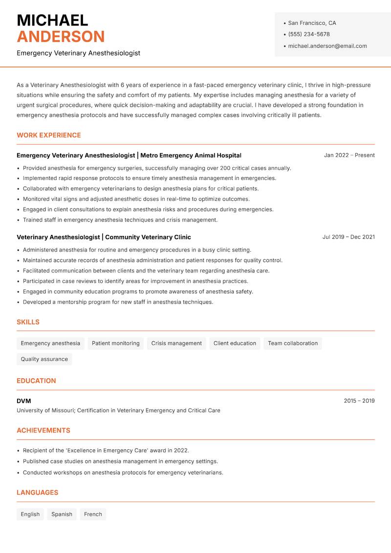 Veterinary Anesthesiologist resume sample — Emergency Veterinary Anesthesiologist focus