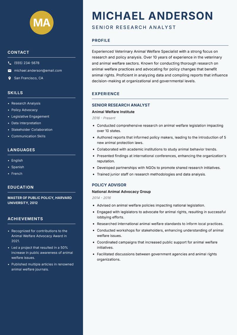 Veterinary Animal Welfare Specialist resume sample — Senior Research Analyst focus