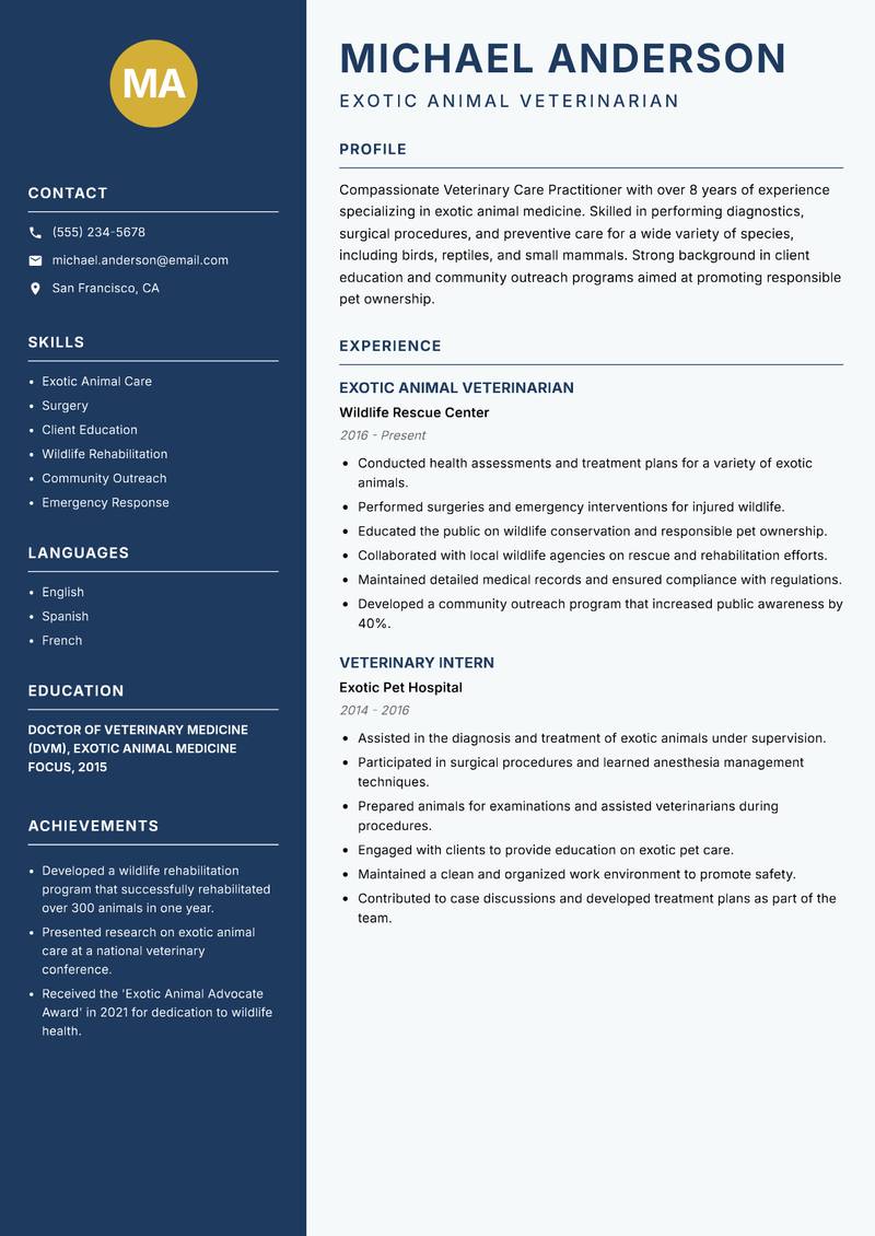 Veterinary Care Practitioner resume sample — Exotic Animal Veterinarian focus