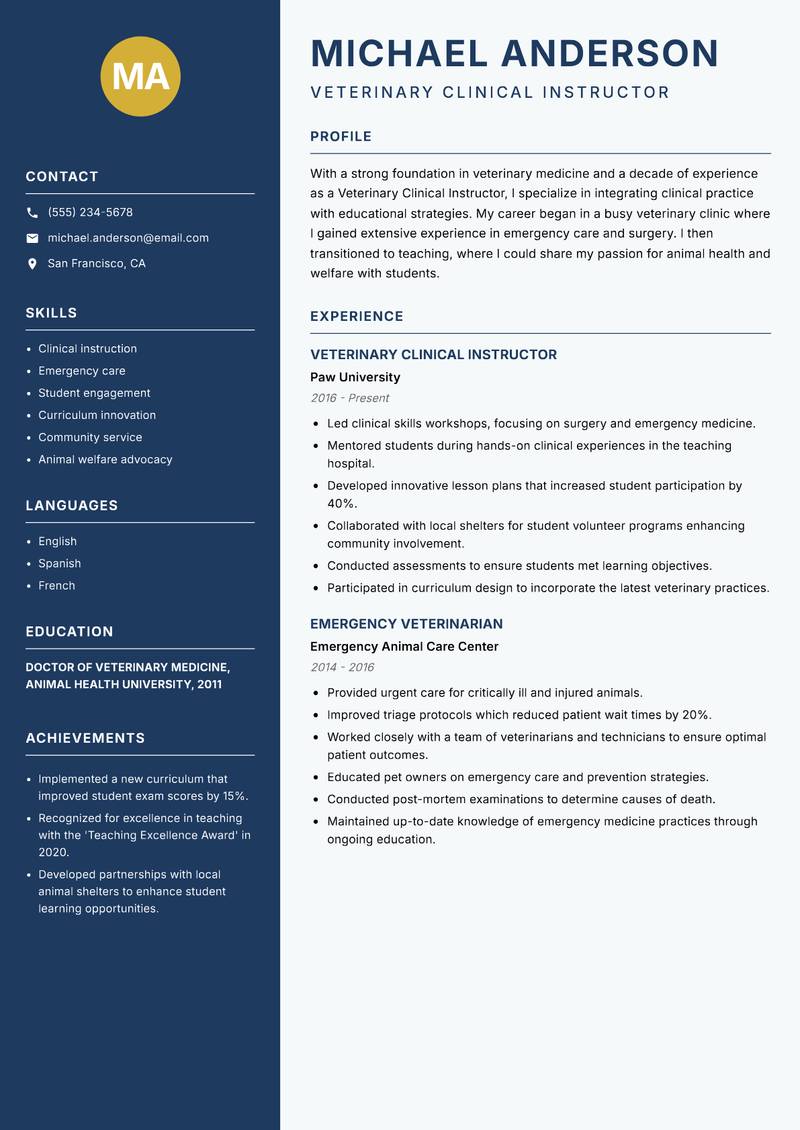 Veterinary Clinical Instructor resume sample — Veterinary Clinical Instructor focus
