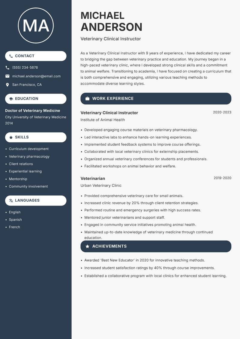 Veterinary Clinical Instructor resume sample — Veterinary Clinical Instructor focus