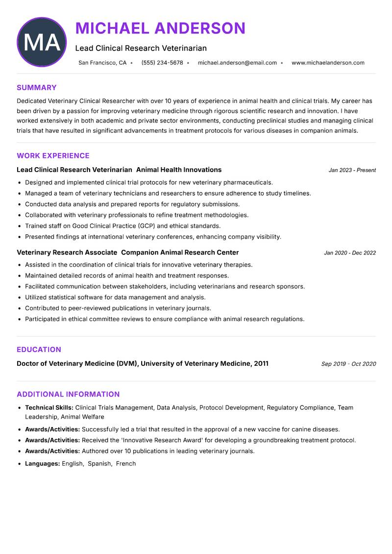 Veterinary Clinical Researcher resume example