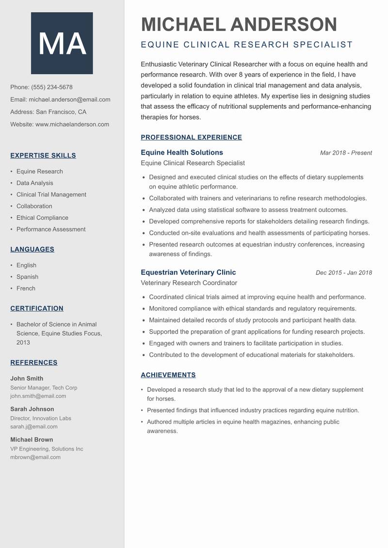 Veterinary Clinical Researcher resume sample — Equine Clinical Research Specialist focus
