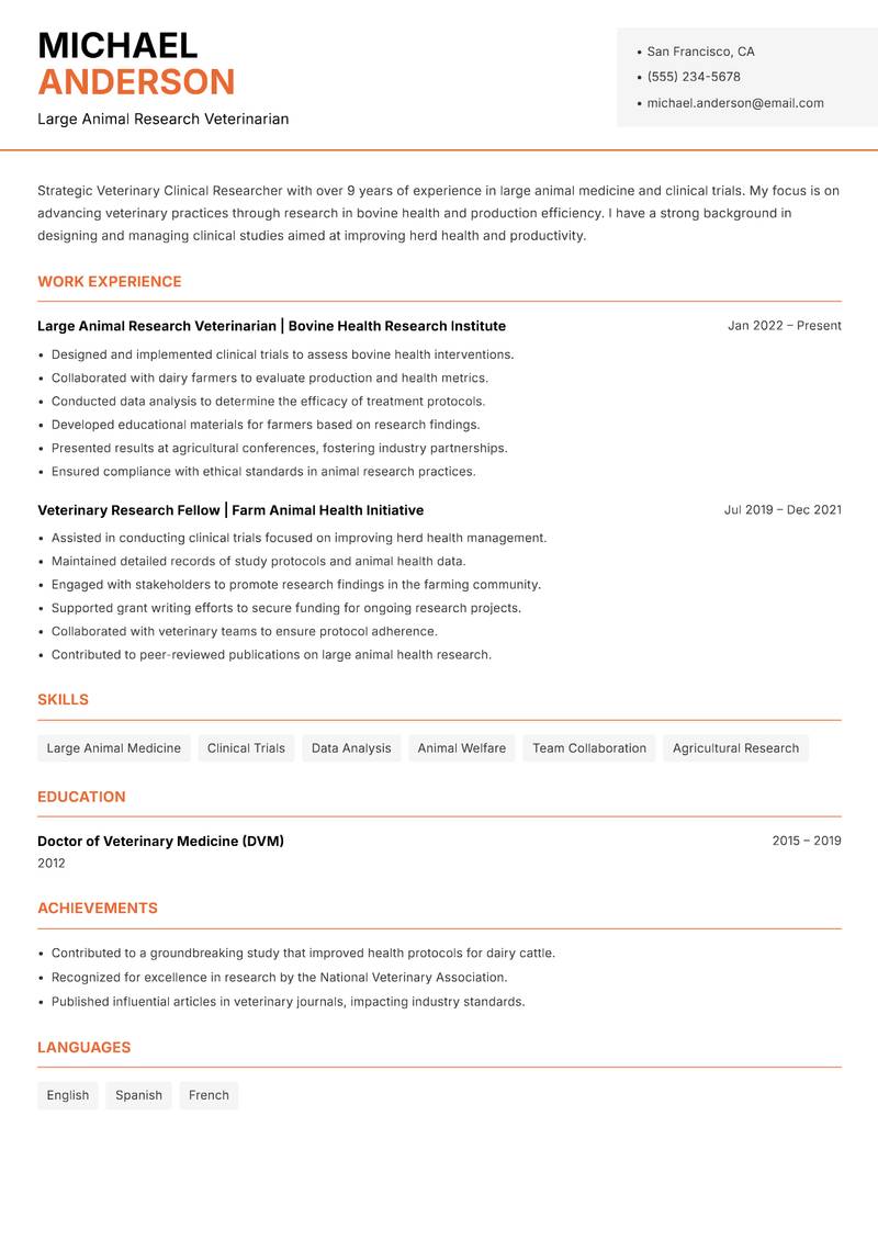 Veterinary Clinical Researcher resume sample — Large Animal Research Veterinarian focus