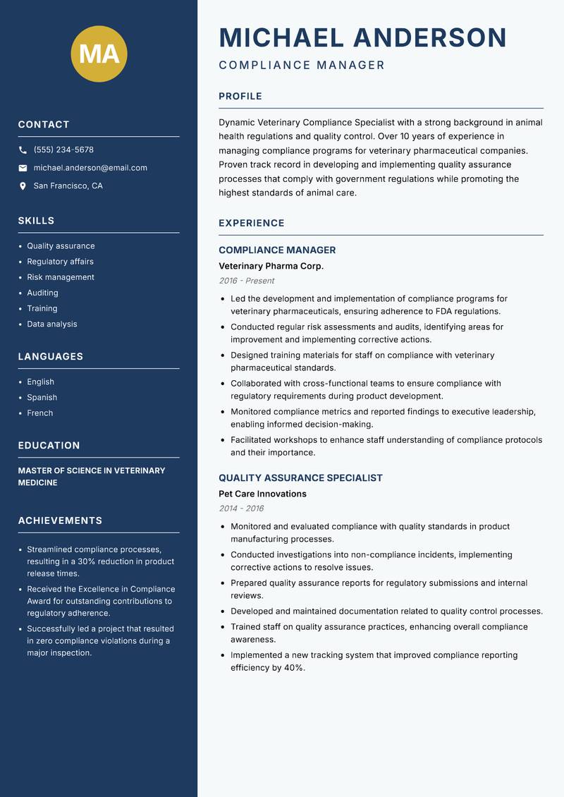 Veterinary Compliance Specialist resume sample — Compliance Manager focus