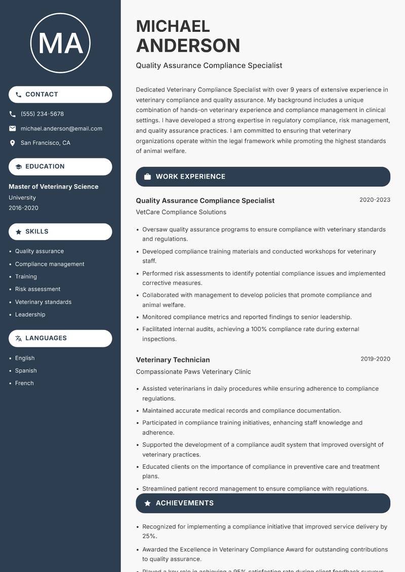 Veterinary Compliance Specialist resume sample — Quality Assurance Compliance Specialist focus