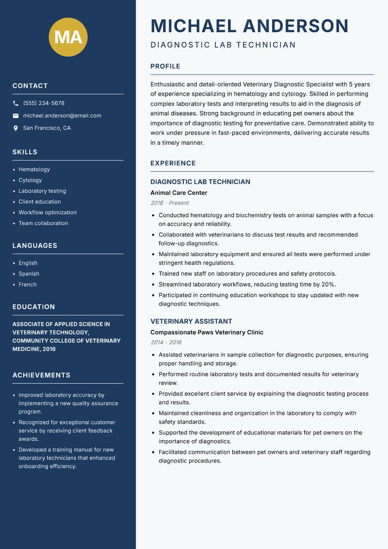 Veterinary Diagnostic Specialist resume sample — Diagnostic Lab Technician focus