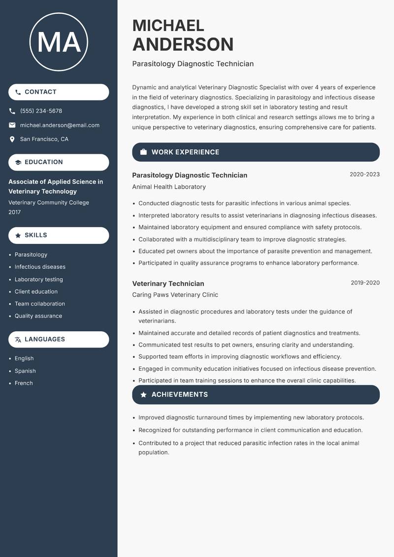 Veterinary Diagnostic Specialist resume sample — Parasitology Diagnostic Technician focus