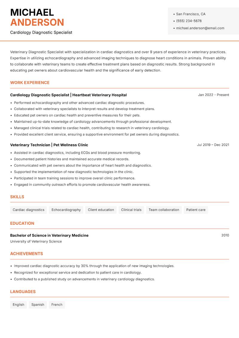 Veterinary Diagnostic Specialist resume sample — Cardiology Diagnostic Specialist focus
