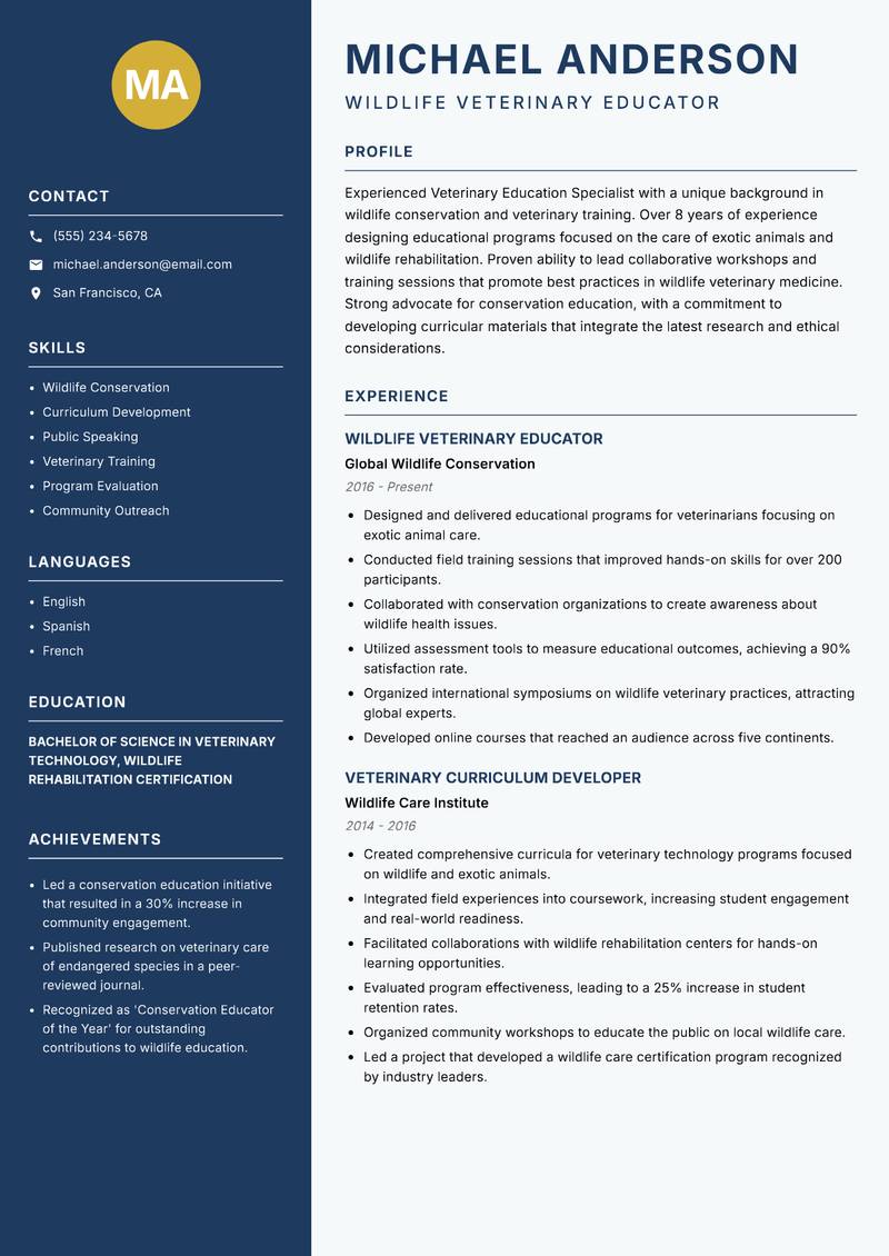 Veterinary Education Specialist resume sample — Wildlife Veterinary Educator focus