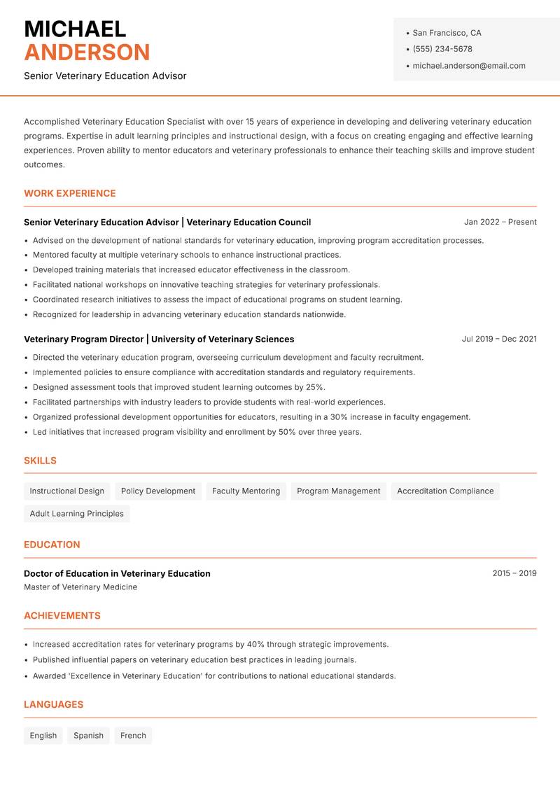 Veterinary Education Specialist resume sample — Senior Veterinary Education Advisor focus