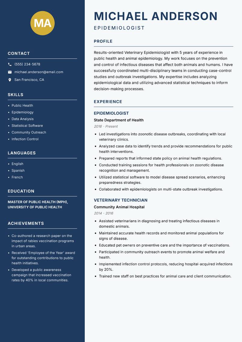 Veterinary Epidemiologist resume sample — Epidemiologist focus