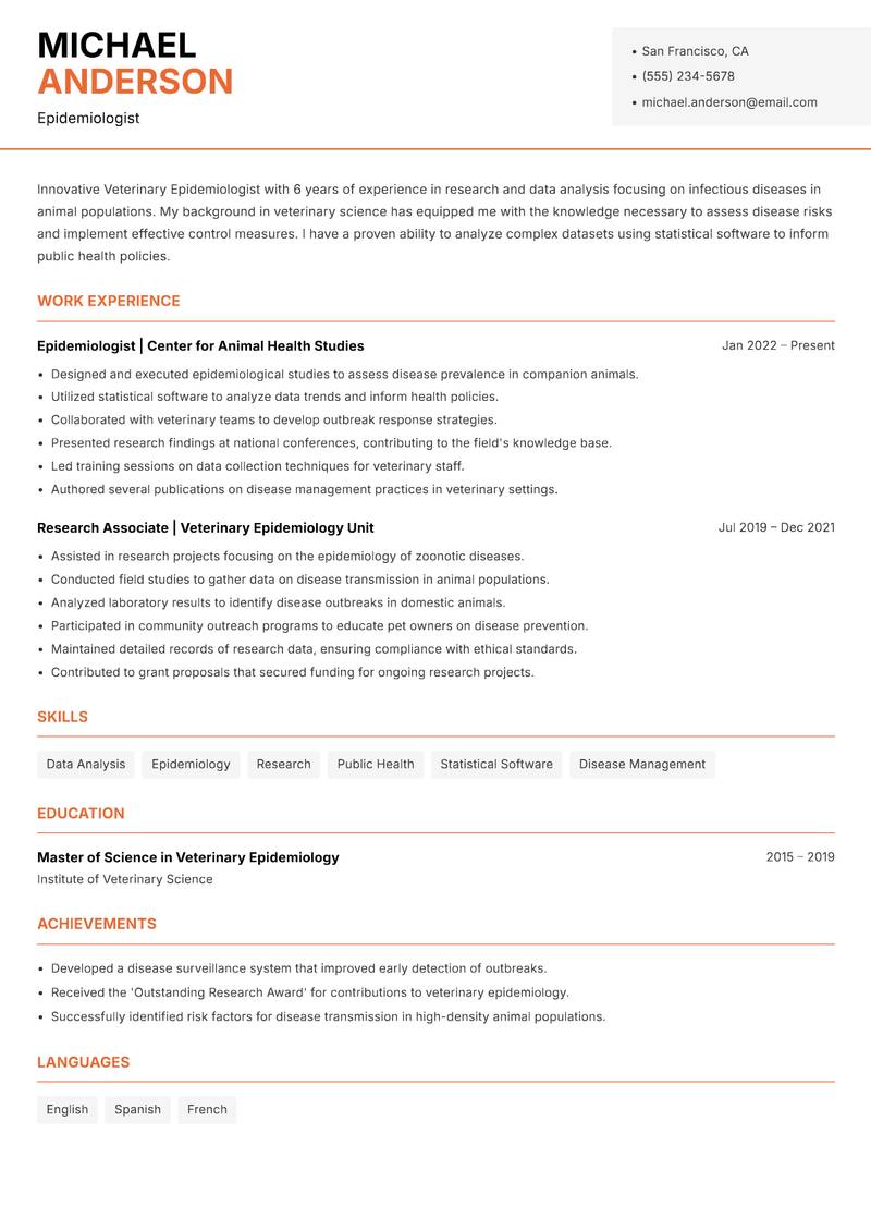 Veterinary Epidemiologist resume sample — Epidemiologist focus