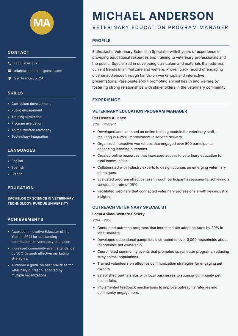 Veterinary Extension Specialist resume sample — Veterinary Education Program Manager focus