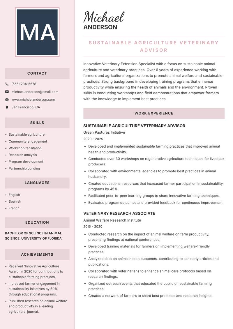 Veterinary Extension Specialist resume sample — Sustainable Agriculture Veterinary Advisor focus